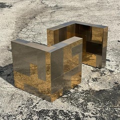 Vintage MCM Brutalist Patchwork Metal Coffee Table Pedestals After Paul Evans
