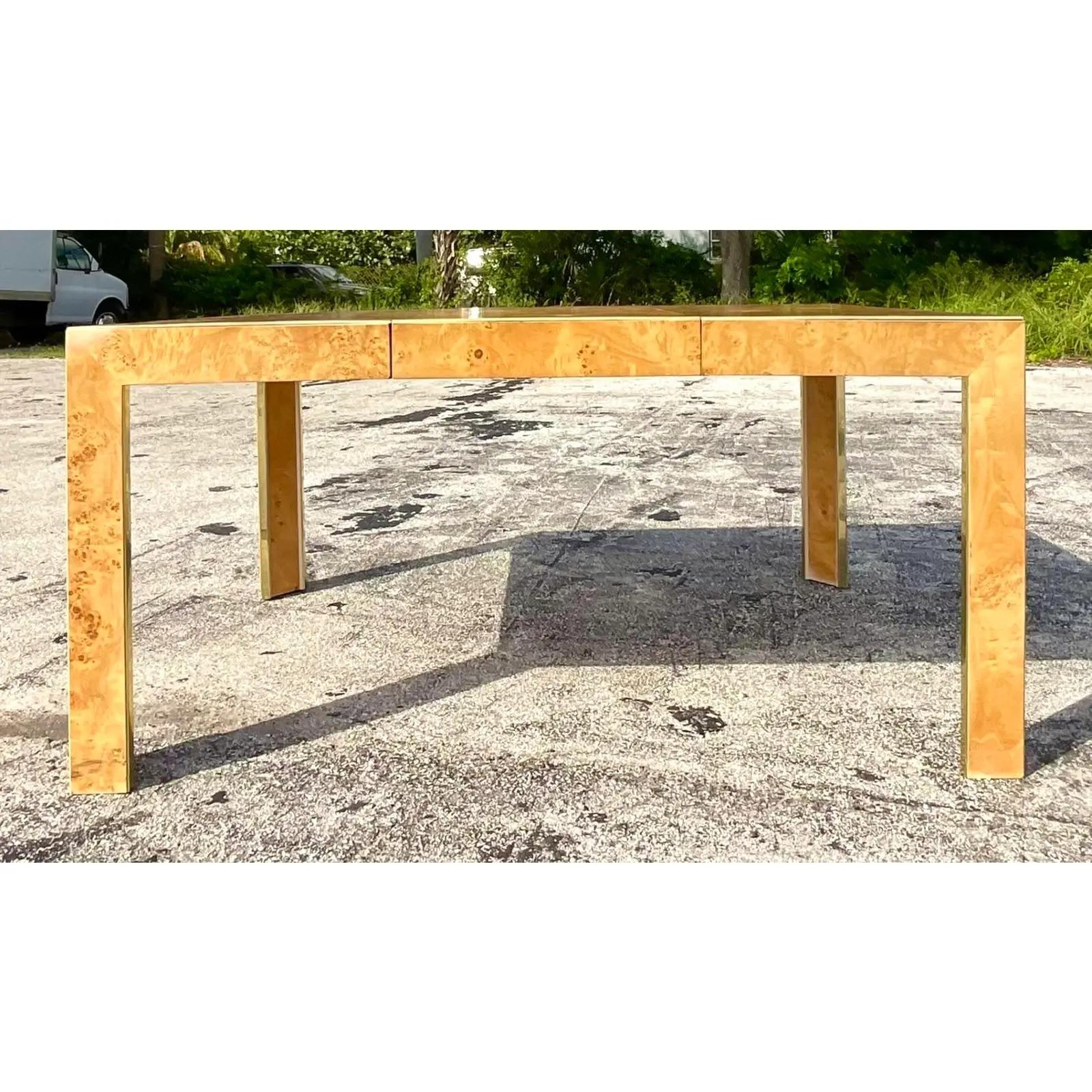 Vintage MCM Burl Wood Parsons Dining Table In Good Condition In west palm beach, FL