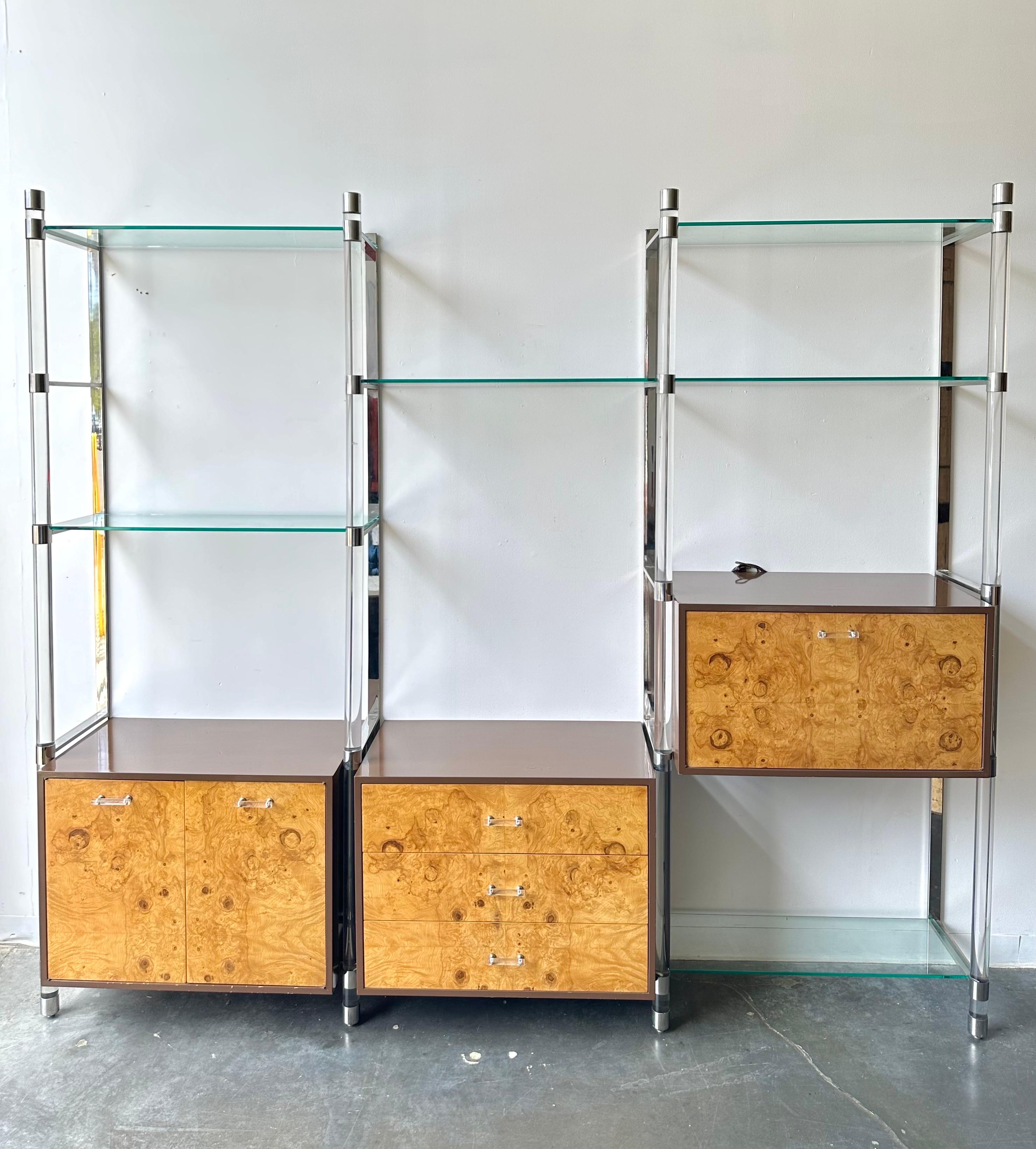 American Vintage MCM Burlwood and Lucite Shelving Wall Unit Circa 1970 For Sale