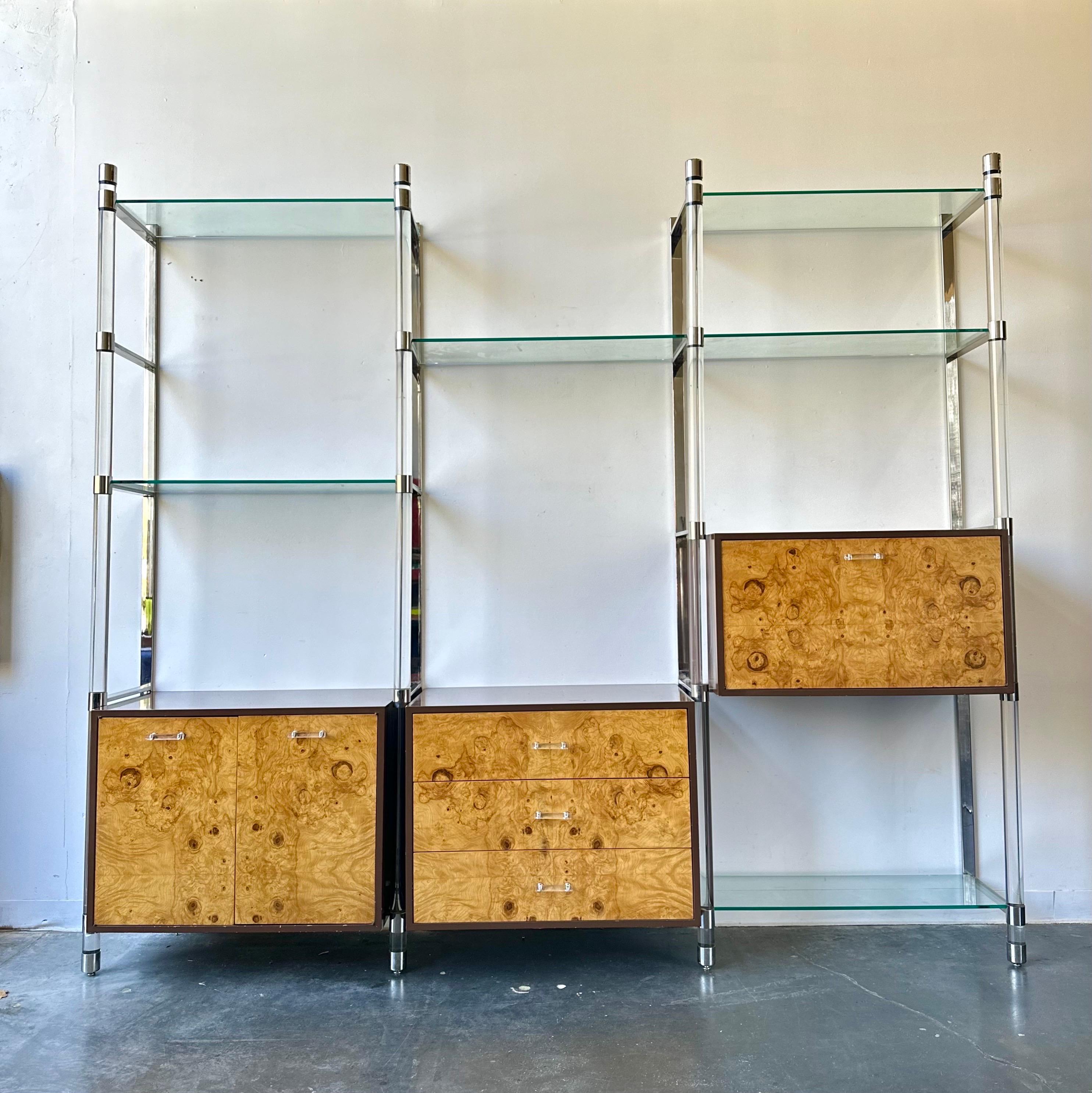 Woodwork Vintage MCM Burlwood and Lucite Shelving Wall Unit Circa 1970 For Sale