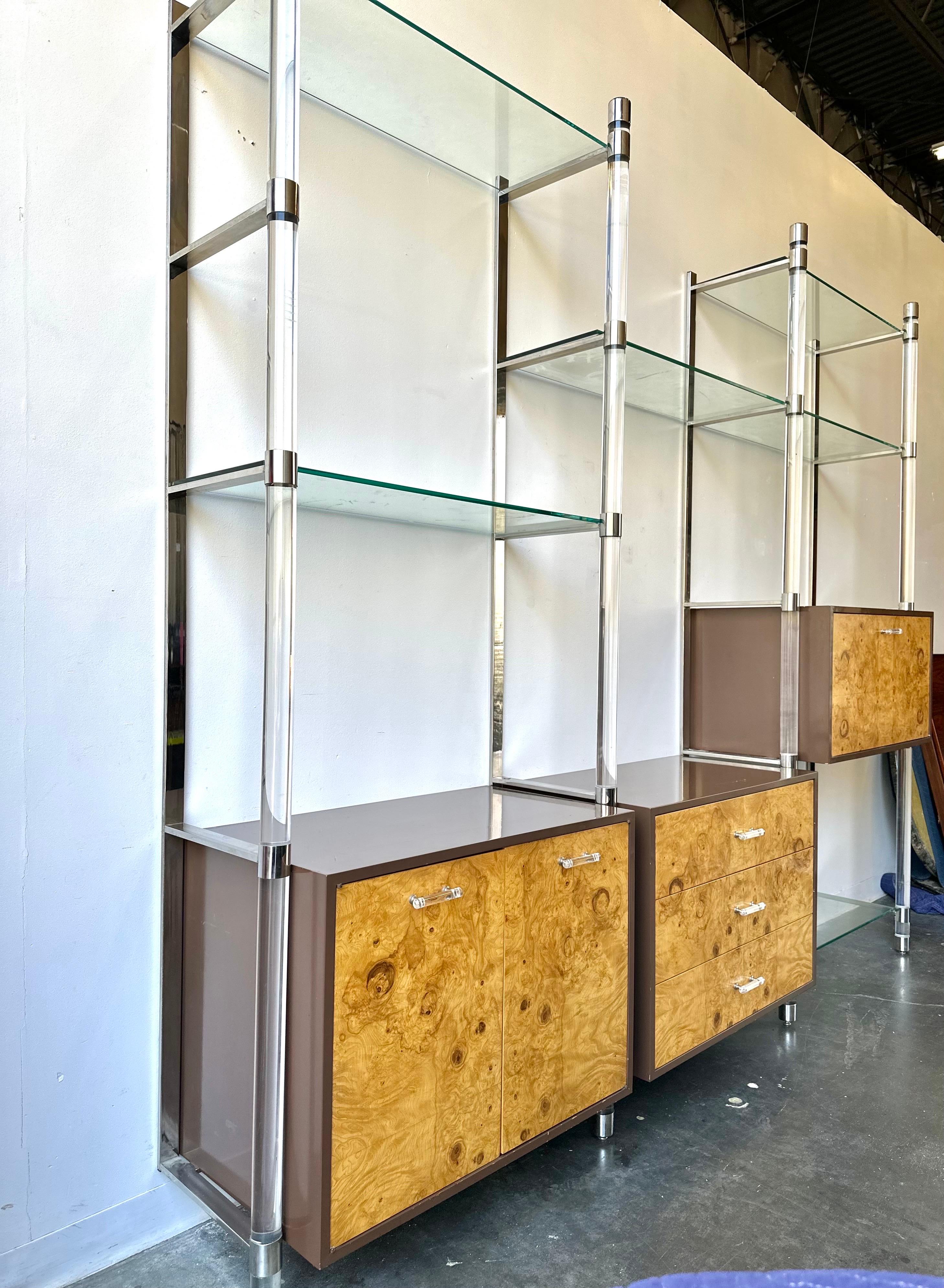 Glass Vintage MCM Burlwood and Lucite Shelving Wall Unit Circa 1970 For Sale