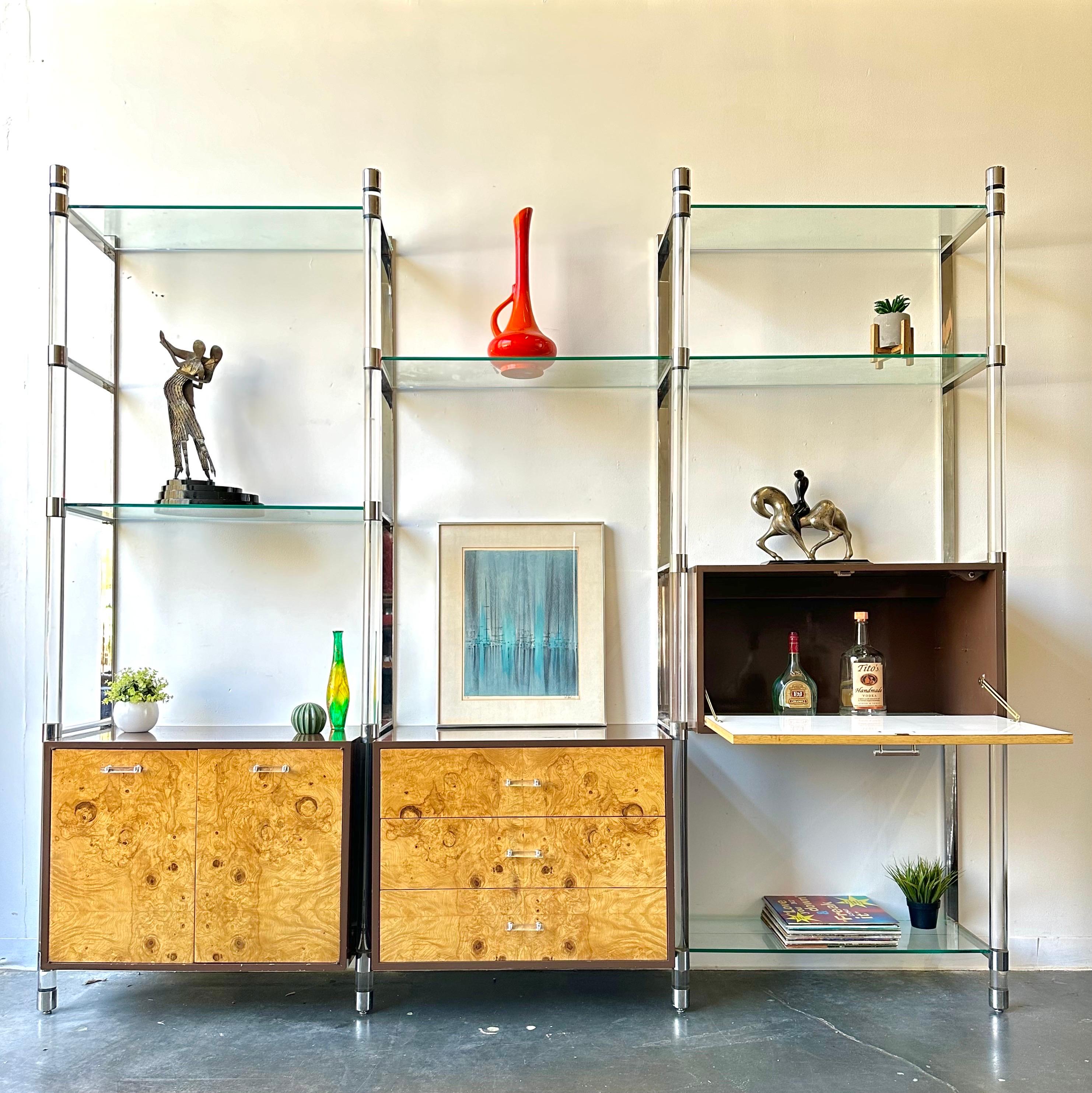 Vintage MCM Burlwood and Lucite Shelving Wall Unit Circa 1970 For Sale 1