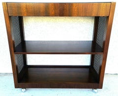 Vintage MCM Cane Walnut Smoked Mirror Rolling Bar Cart