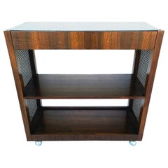 Vintage MCM Cane Walnut Smoked Mirror Rolling Bar Cart