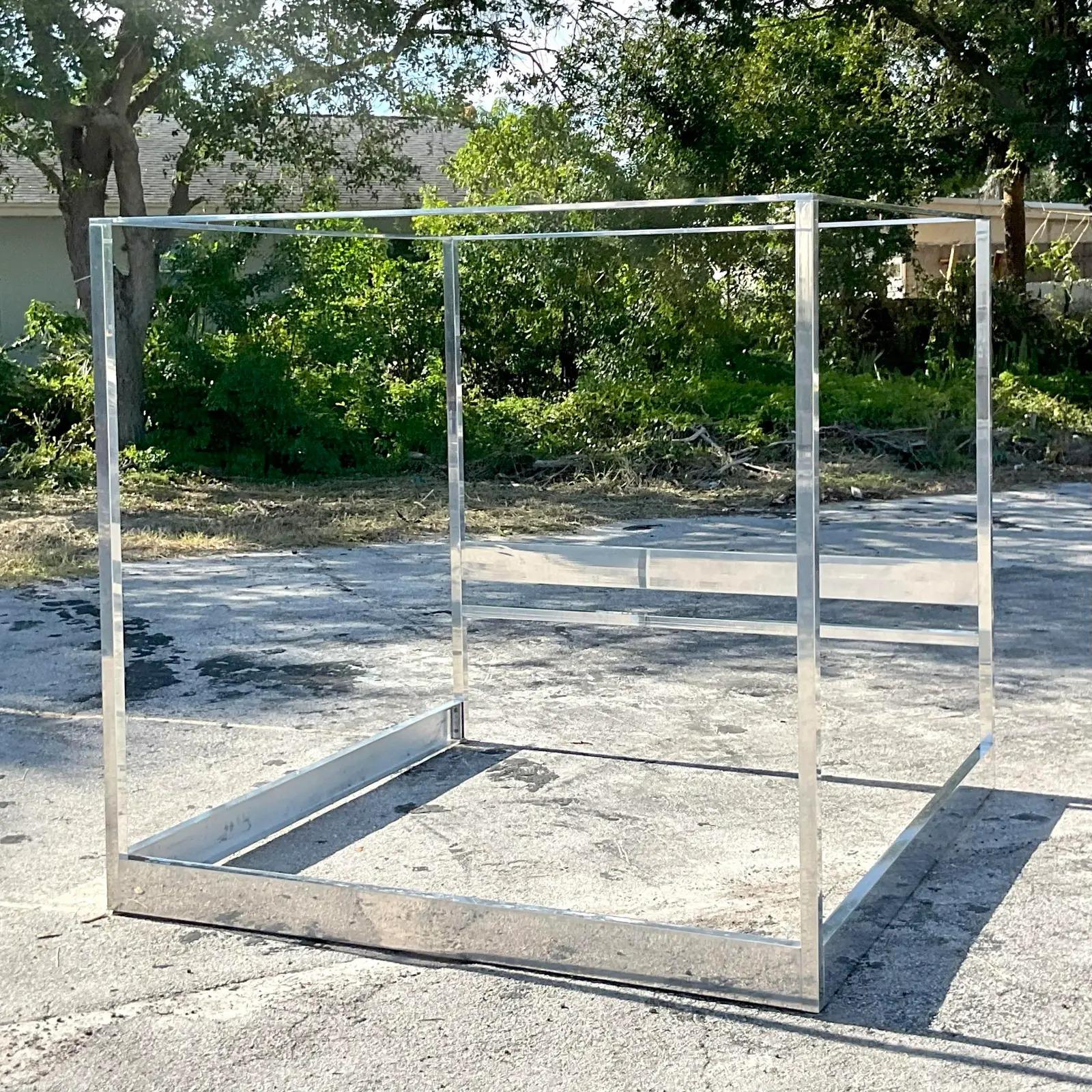 Vintage MCM Chrome King Canopy Bed After Milo Baughman In Good Condition In west palm beach, FL