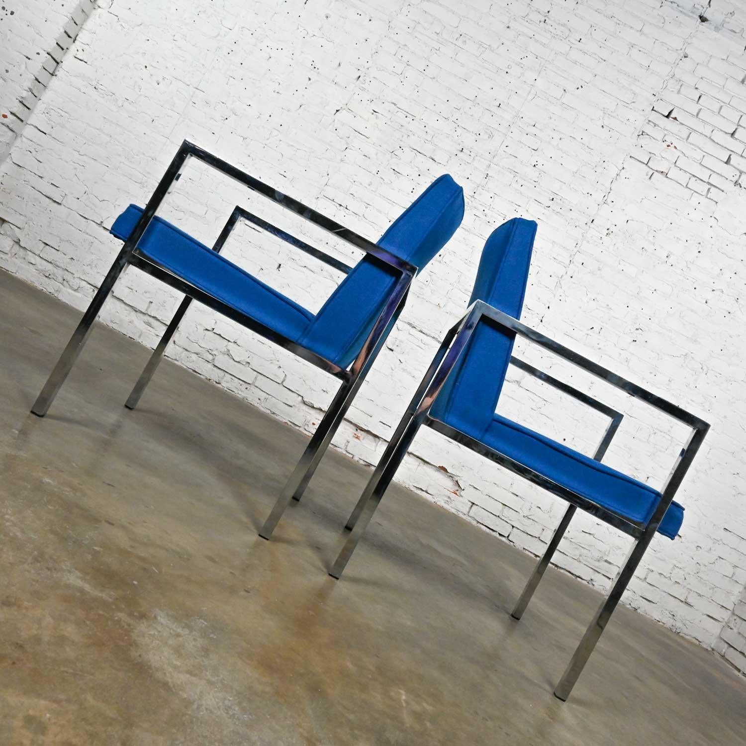Vintage MCM Chrome & Royal Blue Fabric Armchairs by Hibriten Chair Company For Sale 2