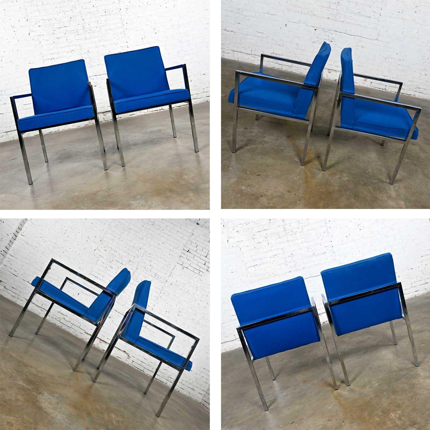 Vintage MCM Chrome & Royal Blue Fabric Armchairs by Hibriten Chair Company For Sale 6