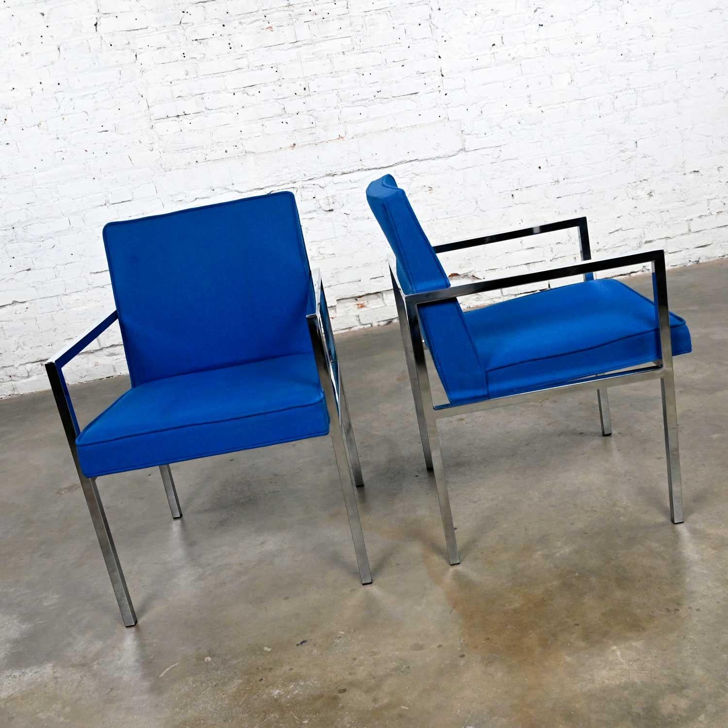 Mid-Century Modern Vintage MCM Chrome & Royal Blue Fabric Armchairs by Hibriten Chair Company For Sale