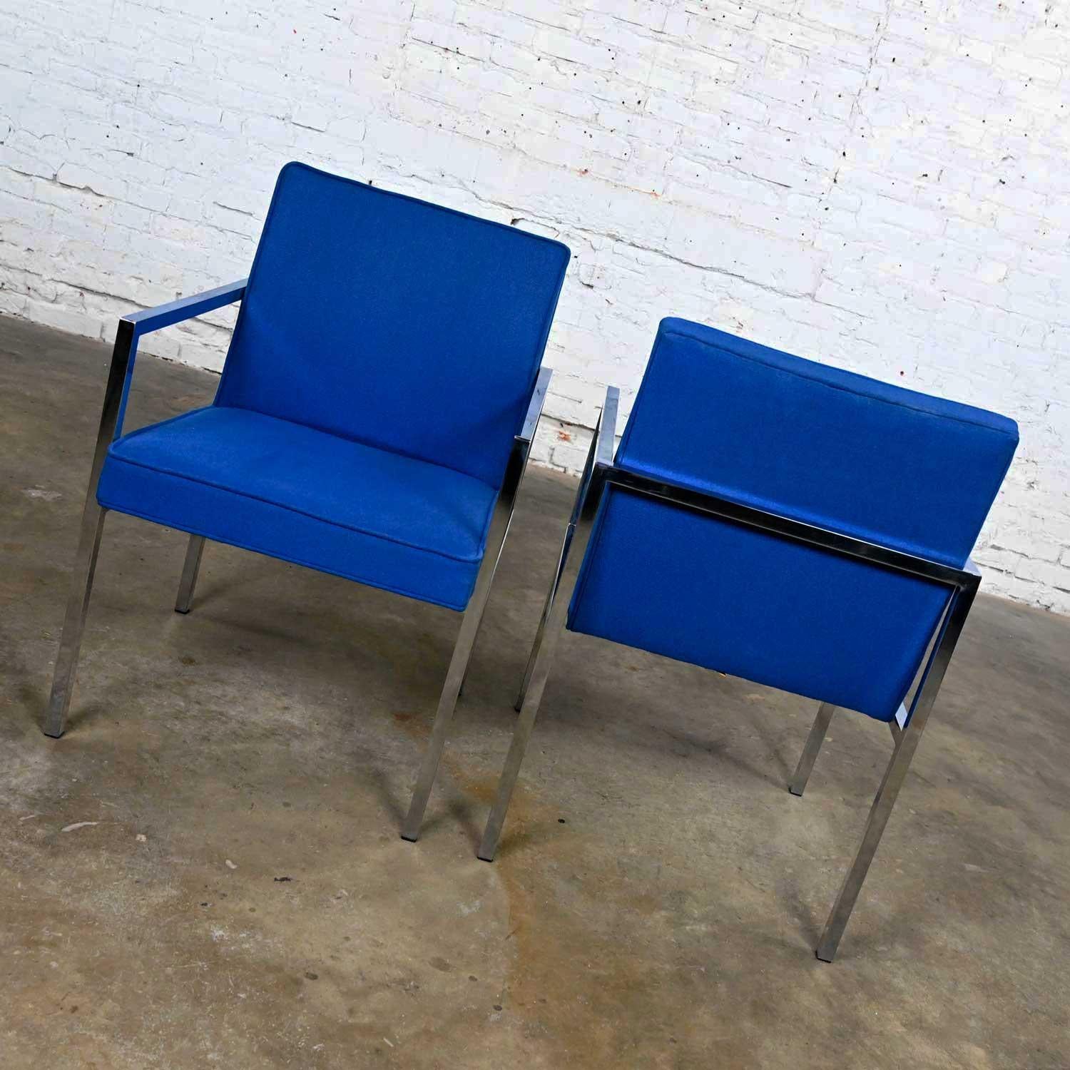 American Vintage MCM Chrome & Royal Blue Fabric Armchairs by Hibriten Chair Company For Sale