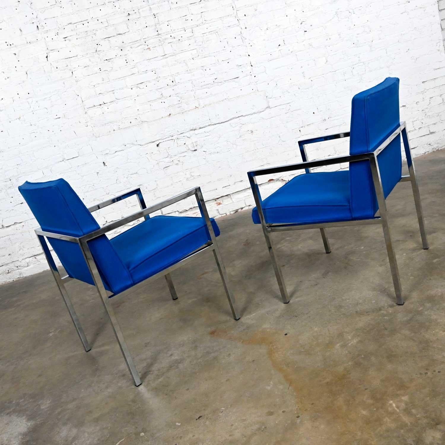 Vintage MCM Chrome & Royal Blue Fabric Armchairs by Hibriten Chair Company In Good Condition For Sale In Topeka, KS