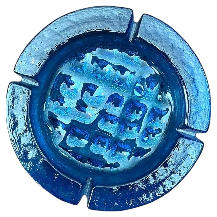 1960s Swedish Kosta Boda Teal Glass Trinket Dish Viking Ship by