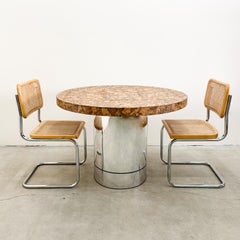 Vintage MCM Cork Round Chrome Pedestal Base Dining Table 1970s