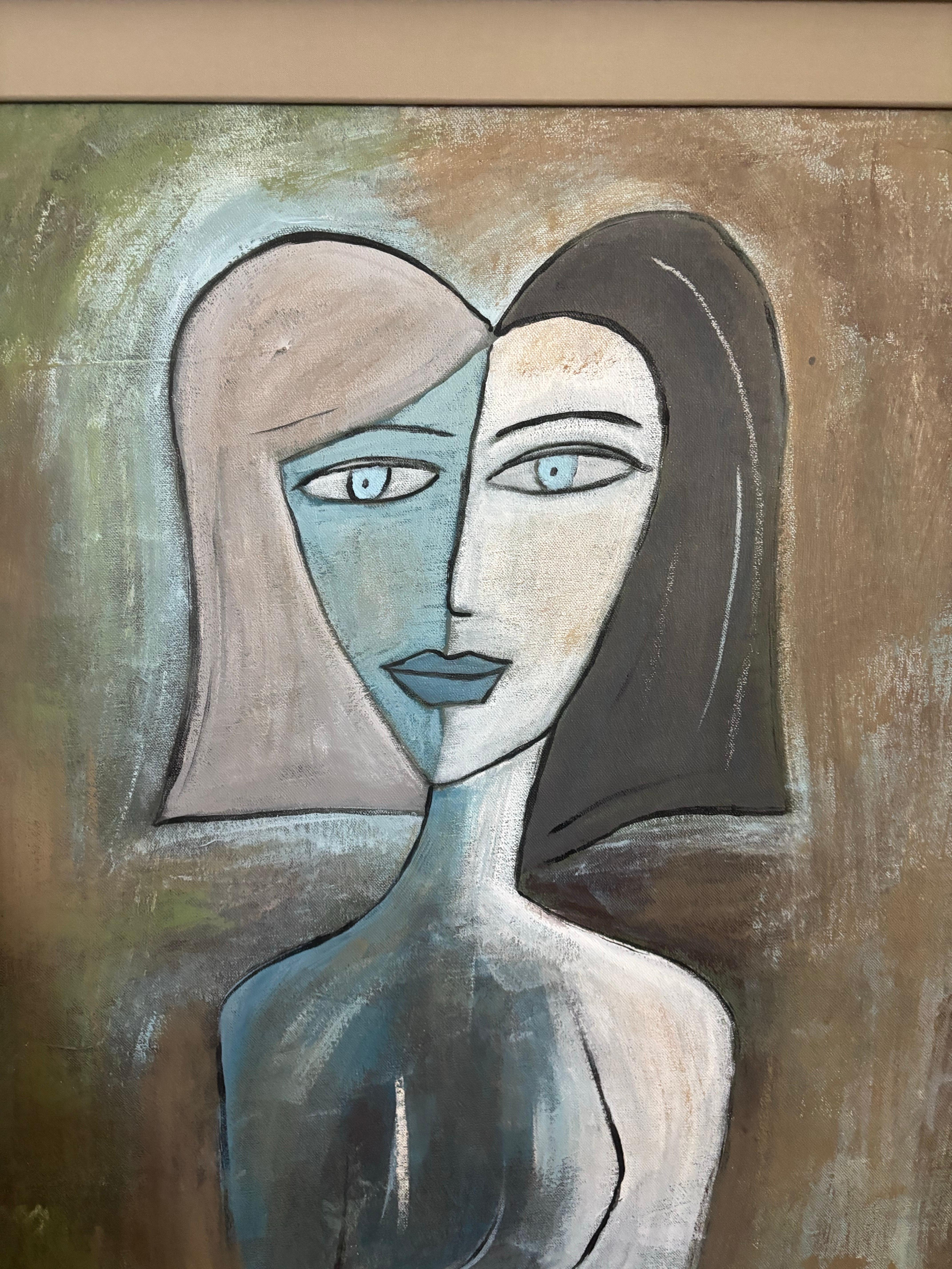 Bellissimo dipinto di donna della fine del XX secolo. Prendendo in prestito le idee moderniste del periodo, crea un buon esempio dello stile cubista reso famoso da Picasso. Incorniciato professionalmente dal precedente proprietario. La cornice e il