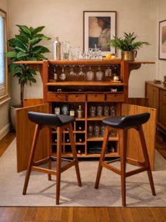 Vintage MCM Danish Modern Teak Drop Leaf Bar Cabinet