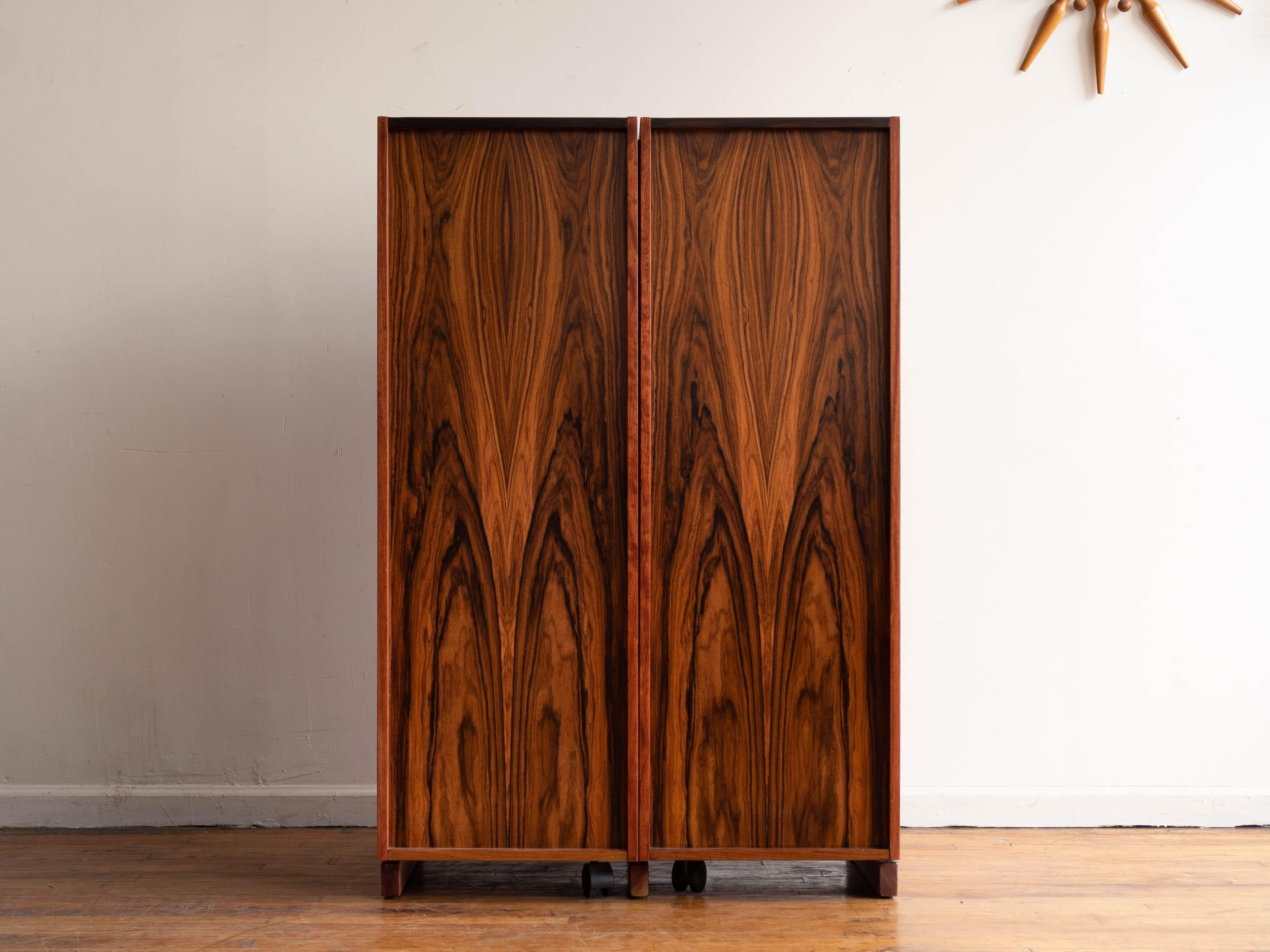 Measures: 31.5” x 20.5” x 48”H; 60” x 29.5”D when open

31.5” x 20.5” x 48”H; 60” x 29.5”D when open

Ingeniously designed Danish modern rosewood cabinet whose hinged doors open to reveal a full work station. Features large fold out work
