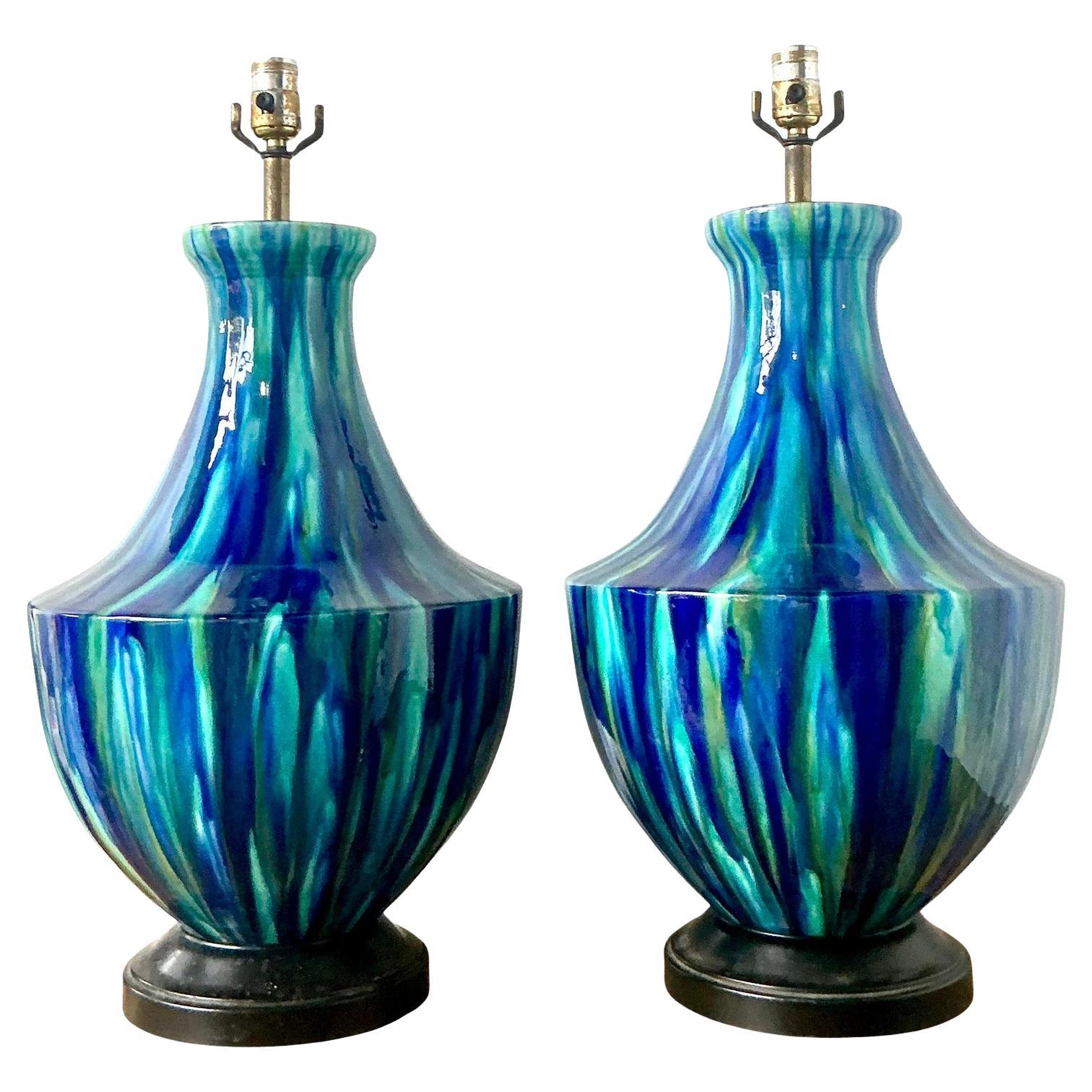 Vintage MCM Drip Glazed Ceramic Lamps - A Pair For Sale