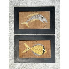 Tableaux vintage MCM avec motif de poissons sur toile de jute - Lot de deux
