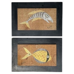 Tableaux vintage MCM avec motif de poissons sur toile de jute - Lot de deux