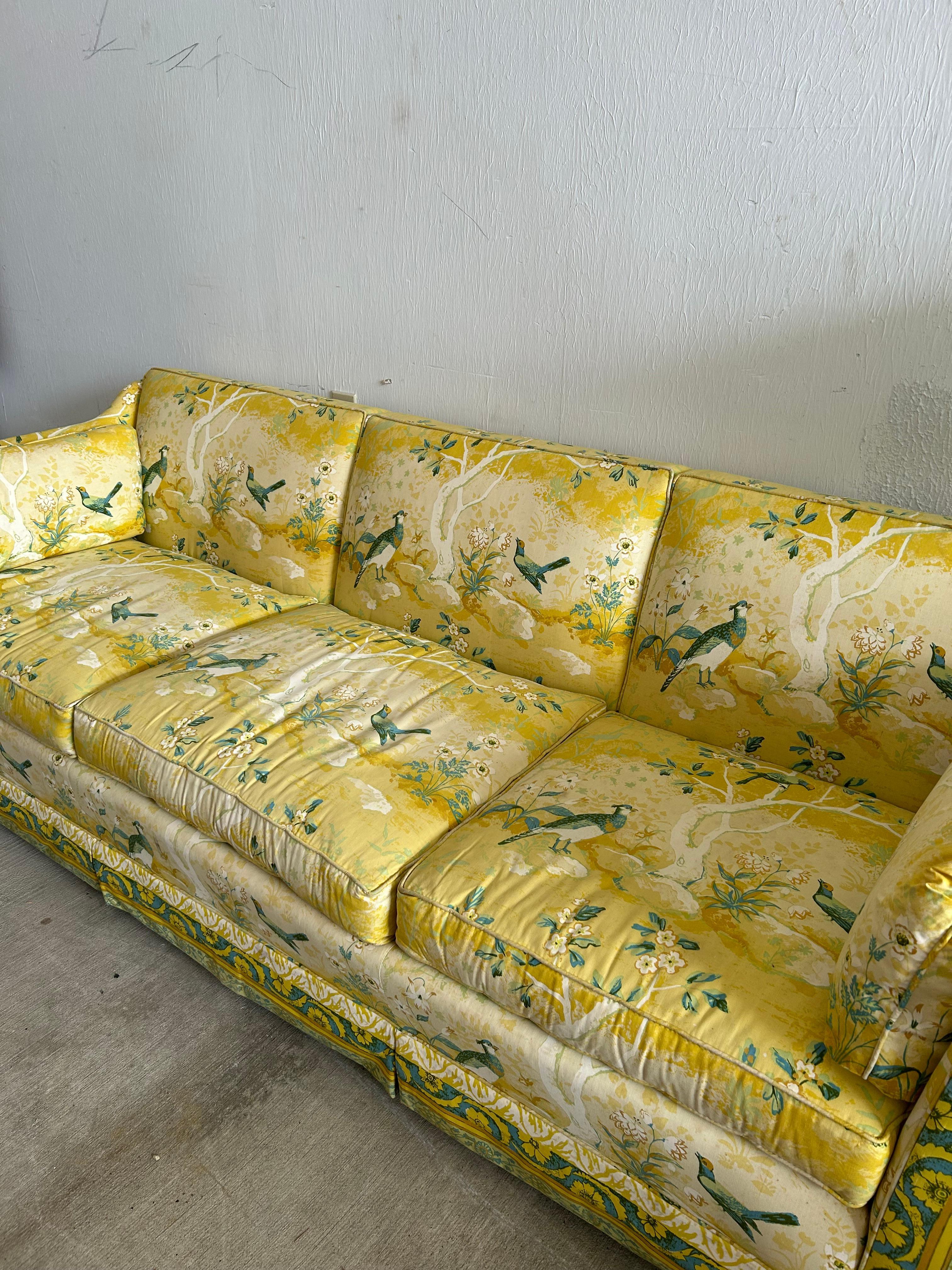 Vintage MCM Floral/Bird Yellow 3-Seater Sofa 4