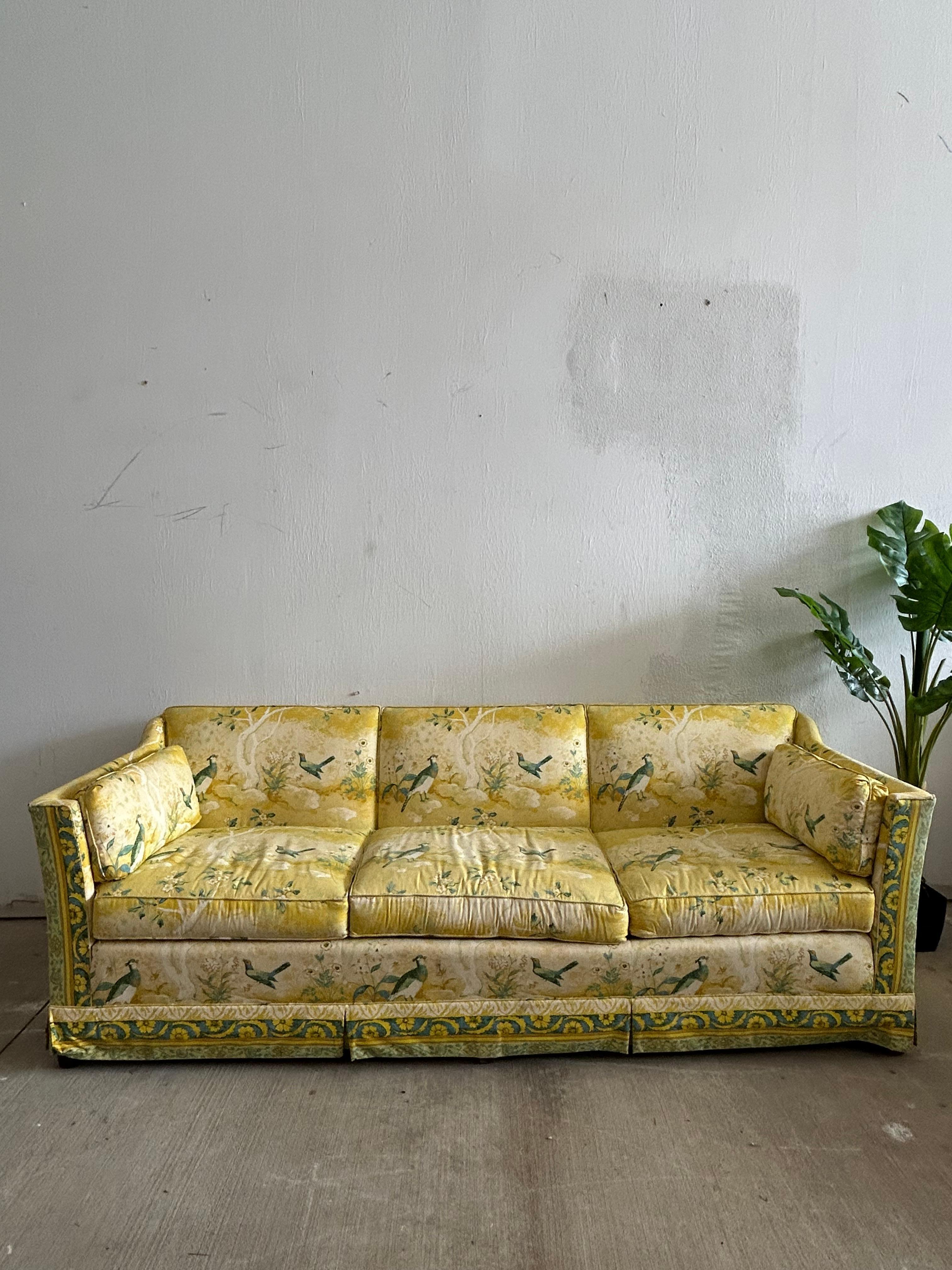 Vintage mid-century modern yellow floral/bird sofa. This 3-seater sofa is very unique. This was once reupholstered but does need some TLC again. It has some good bones, see pictures for mcm legs, no structural damages. Message us for any more