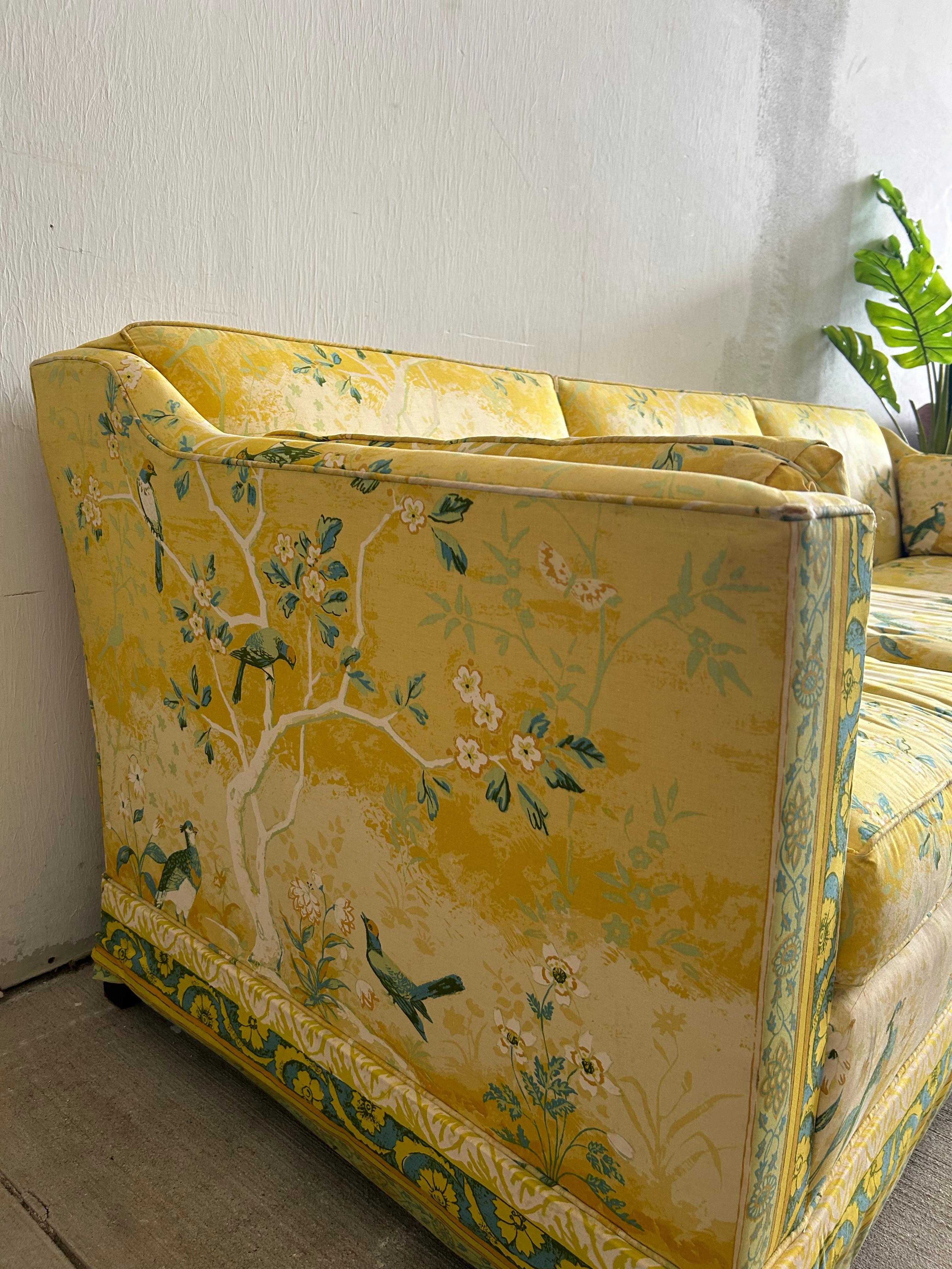 20th Century Vintage MCM Floral/Bird Yellow 3-Seater Sofa