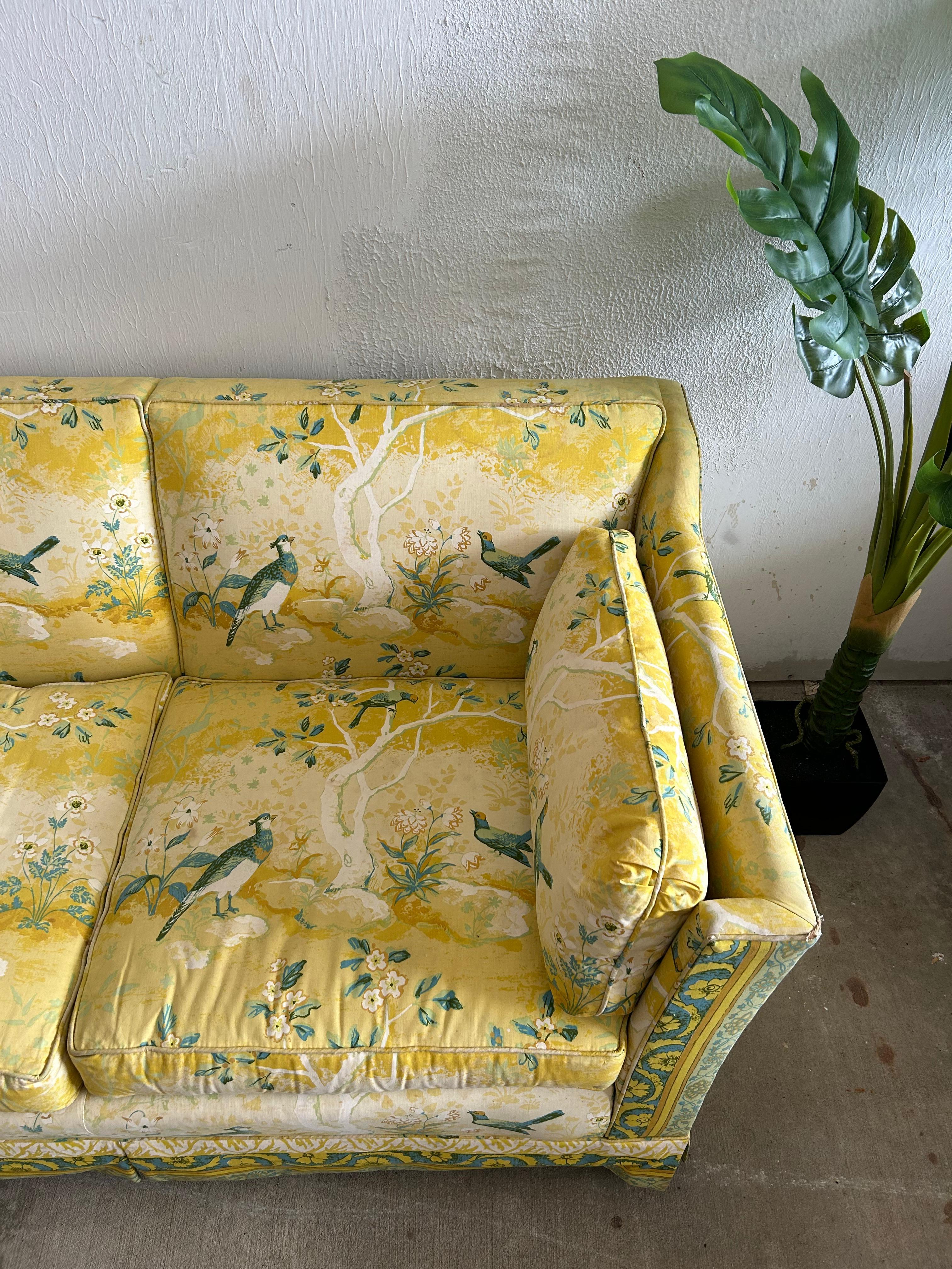 Fabric Vintage MCM Floral/Bird Yellow 3-Seater Sofa