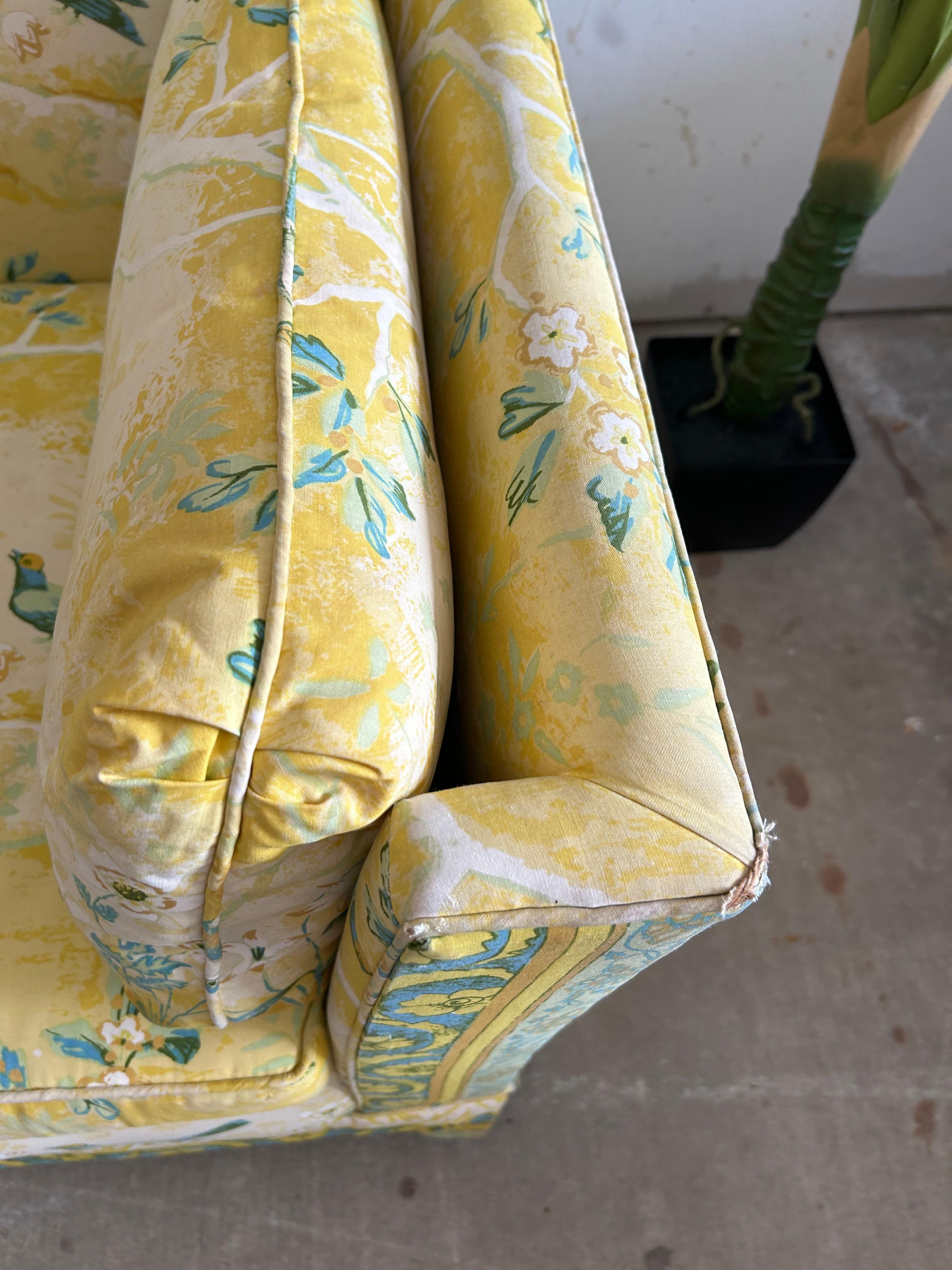 Vintage MCM Floral/Bird Yellow 3-Seater Sofa 1