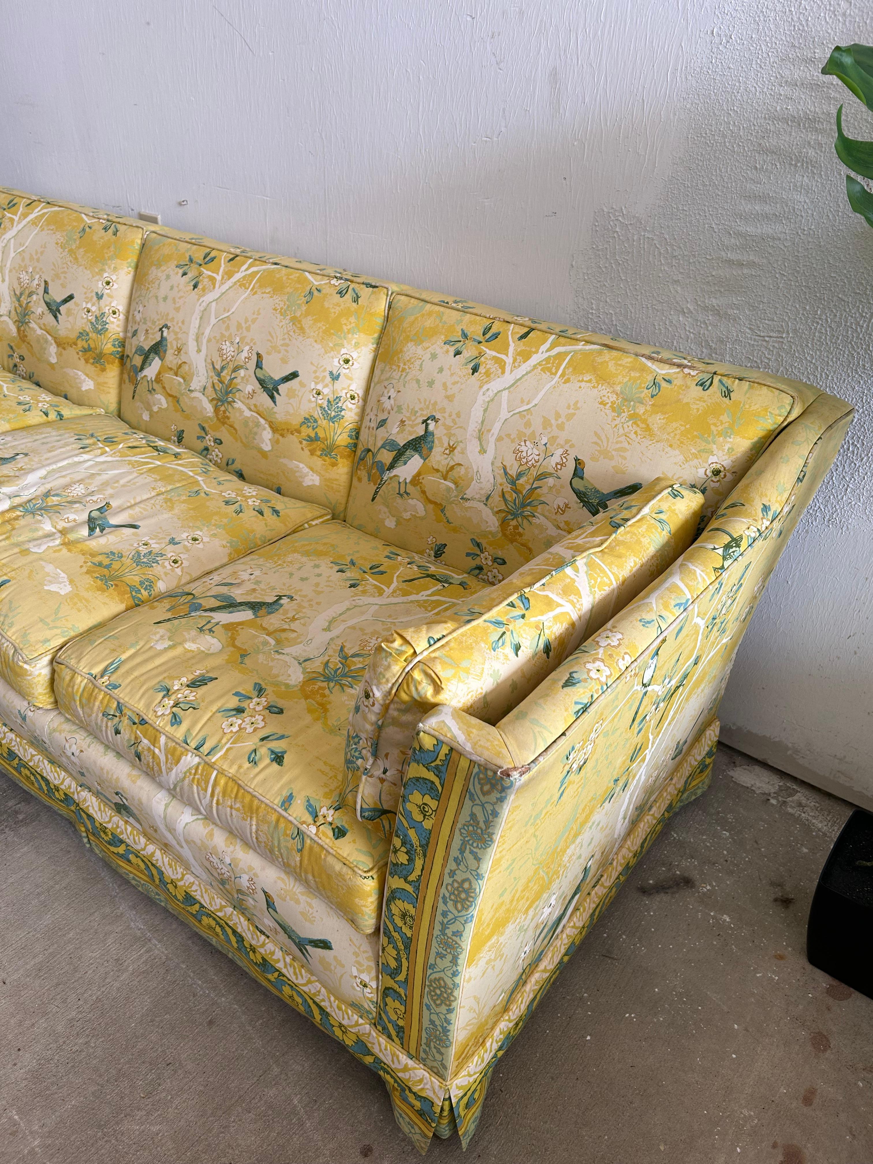 Vintage MCM Floral/Bird Yellow 3-Seater Sofa 3