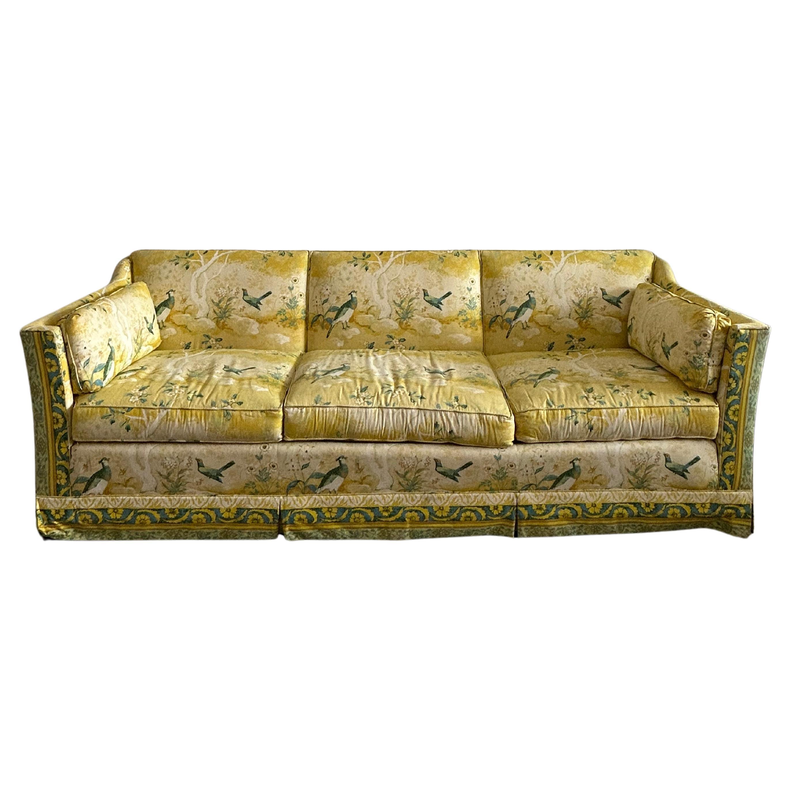 Vintage MCM Floral/Bird Gelbes 3-Sitzer-Sofa