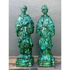 Vintage MCM Glazed Ceramic Chinoiserie Figures - Set of 2
