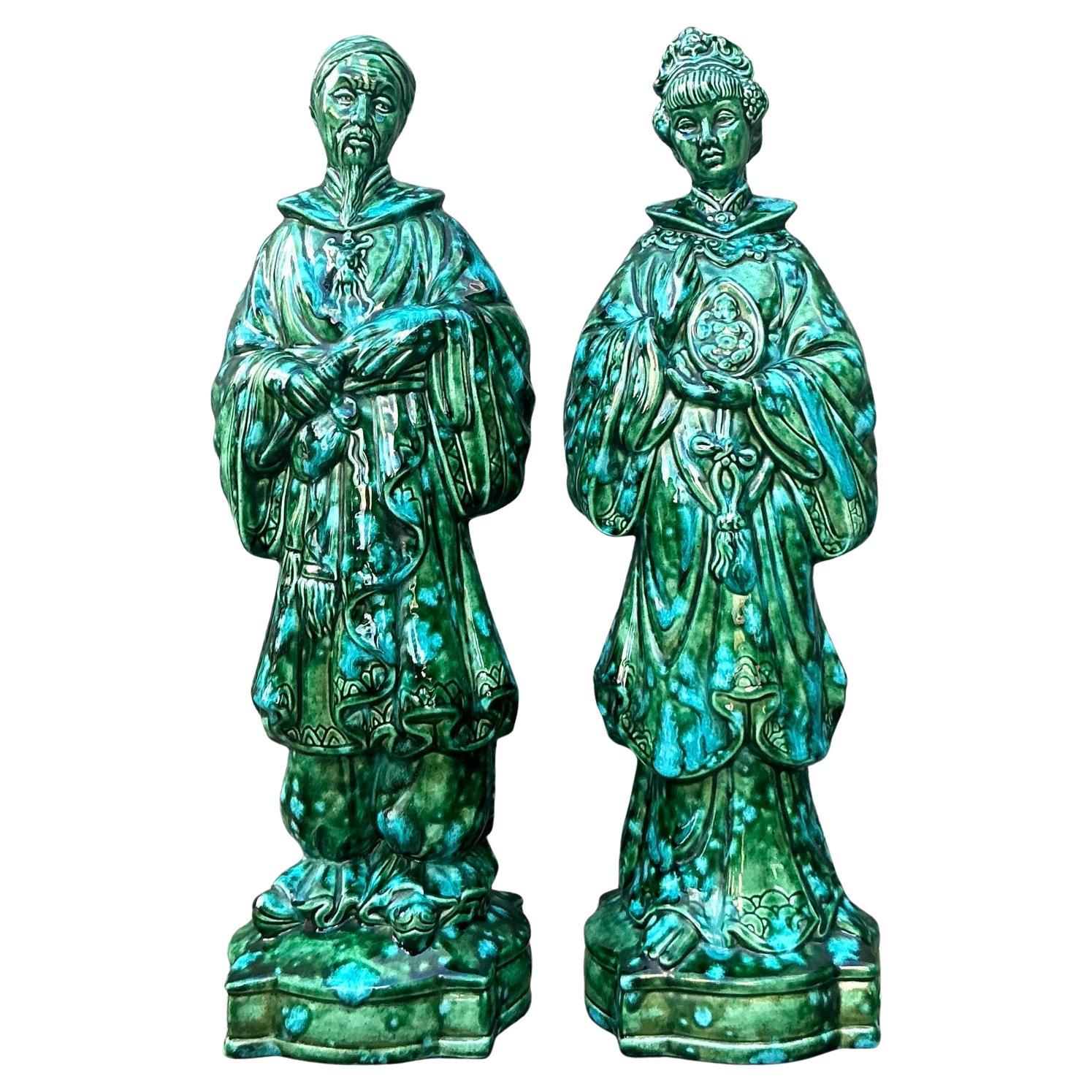 Vintage MCM Glazed Ceramic Chinoiserie Figures - Set of 2