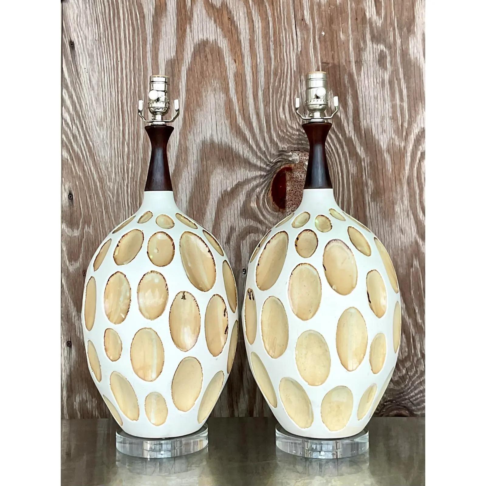 Mid-Century Modern Vintage MCM Glazed Ceramic Crater Lamps, a Pair