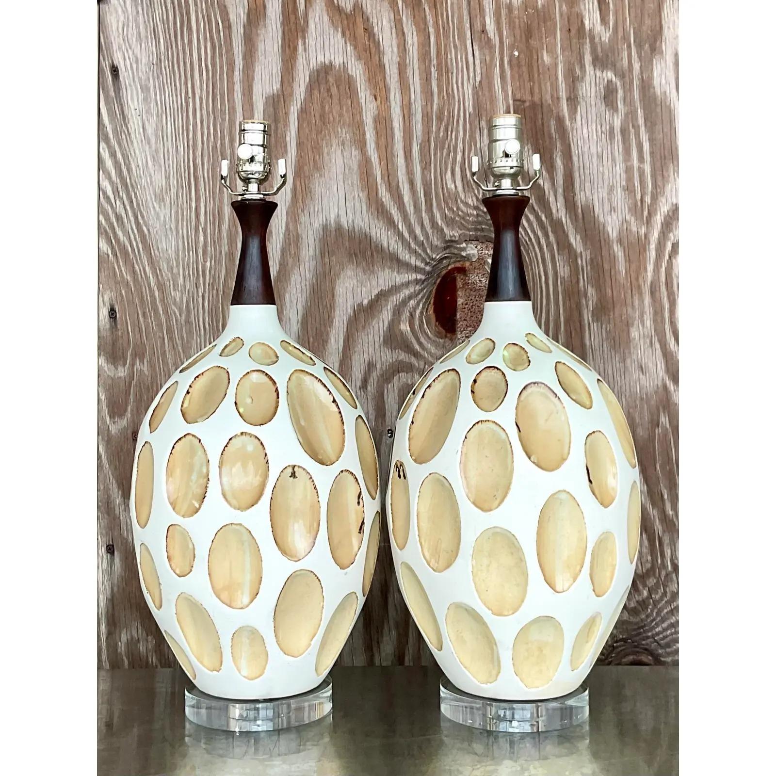 North American Vintage MCM Glazed Ceramic Crater Lamps, a Pair