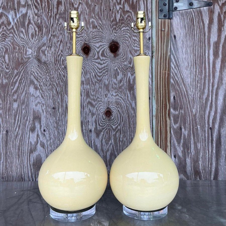 Mid-Century Modern Vintage MCM Glazed Ceramic Gourd Lamps - a Pair For Sale