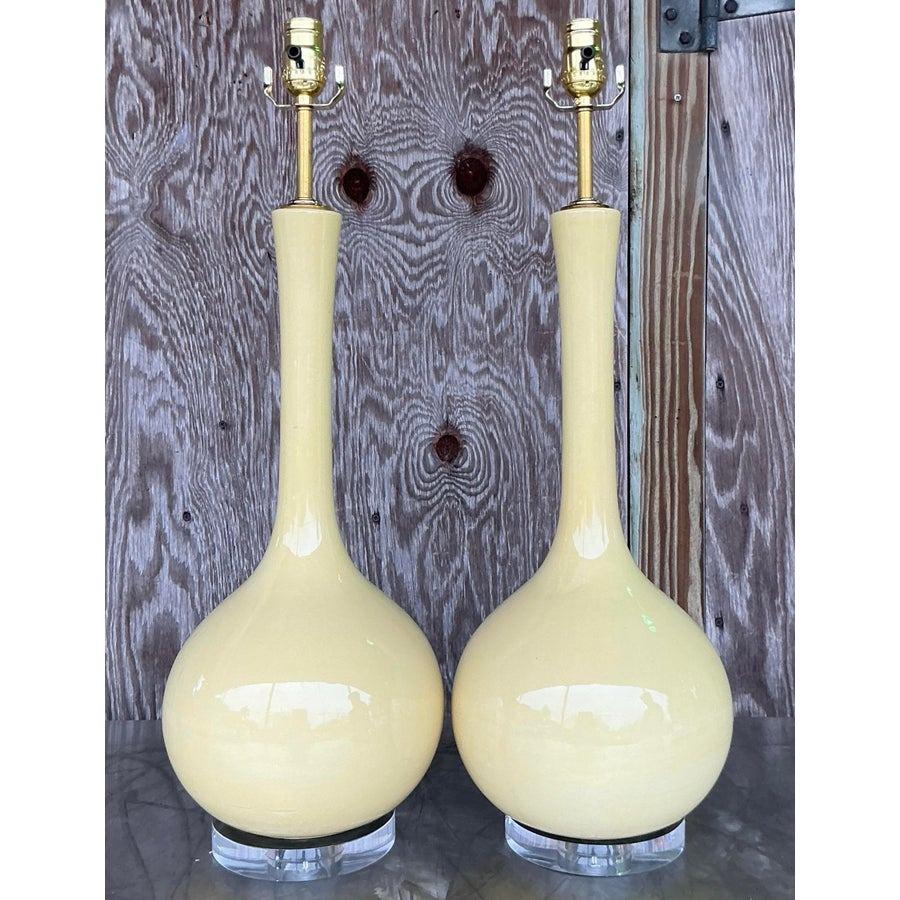 American Vintage MCM Glazed Ceramic Gourd Lamps - a Pair For Sale