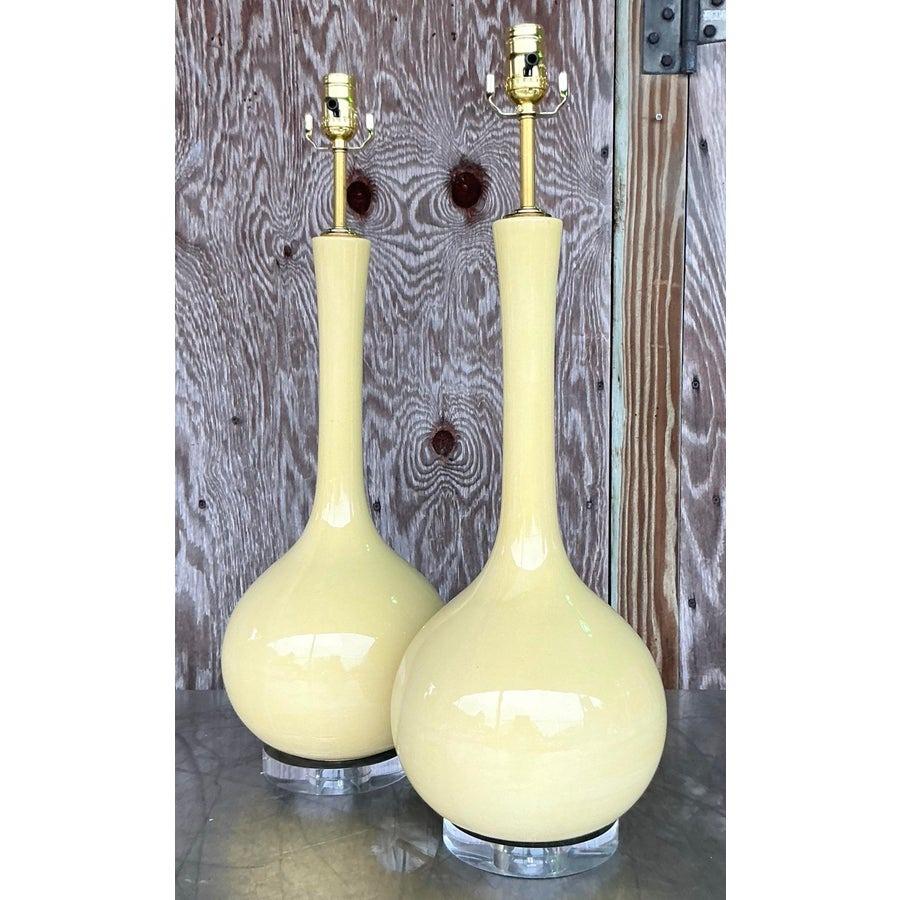 20th Century Vintage MCM Glazed Ceramic Gourd Lamps - a Pair For Sale