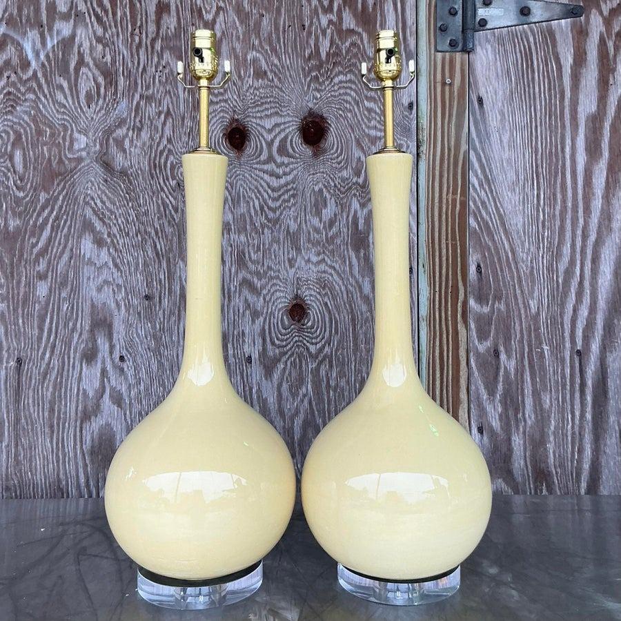 Vintage MCM Glazed Ceramic Gourd Lamps - a Pair For Sale 1