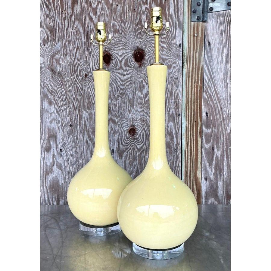 Vintage MCM Glazed Ceramic Gourd Lamps - a Pair For Sale 2