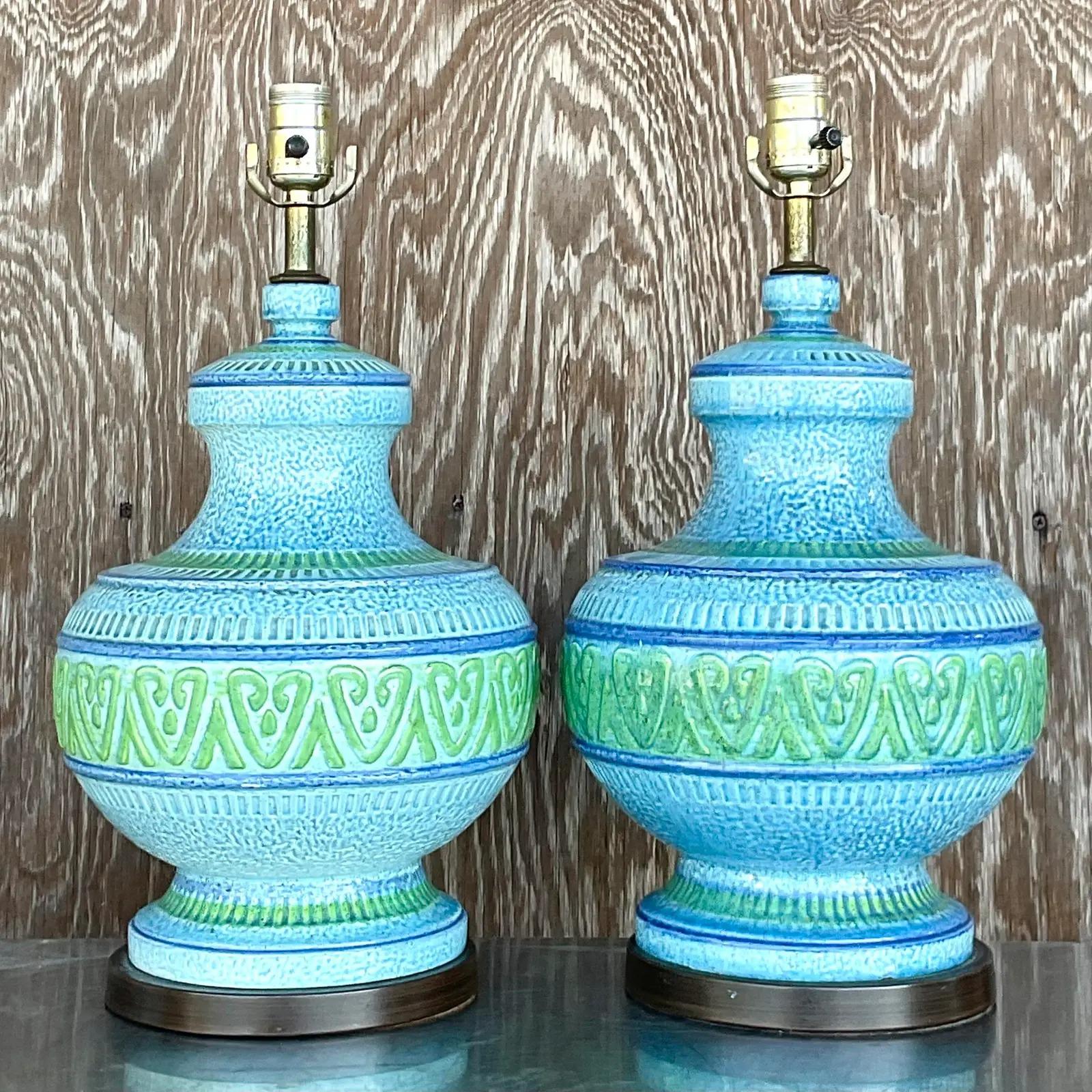 Mid-Century Modern Vintage MCM Glazed Ceramic Lamps - a Pair