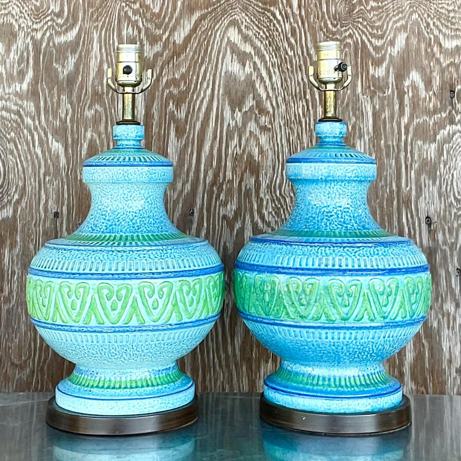 Vintage MCM Glazed Ceramic Lamps - a Pair In Good Condition In west palm beach, FL