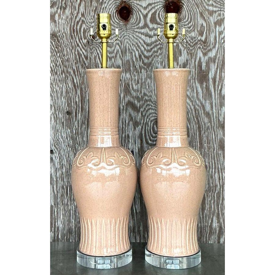 Vintage-Lampen aus glasierter Keramik von MCM, Vintage, Paar im Angebot 1