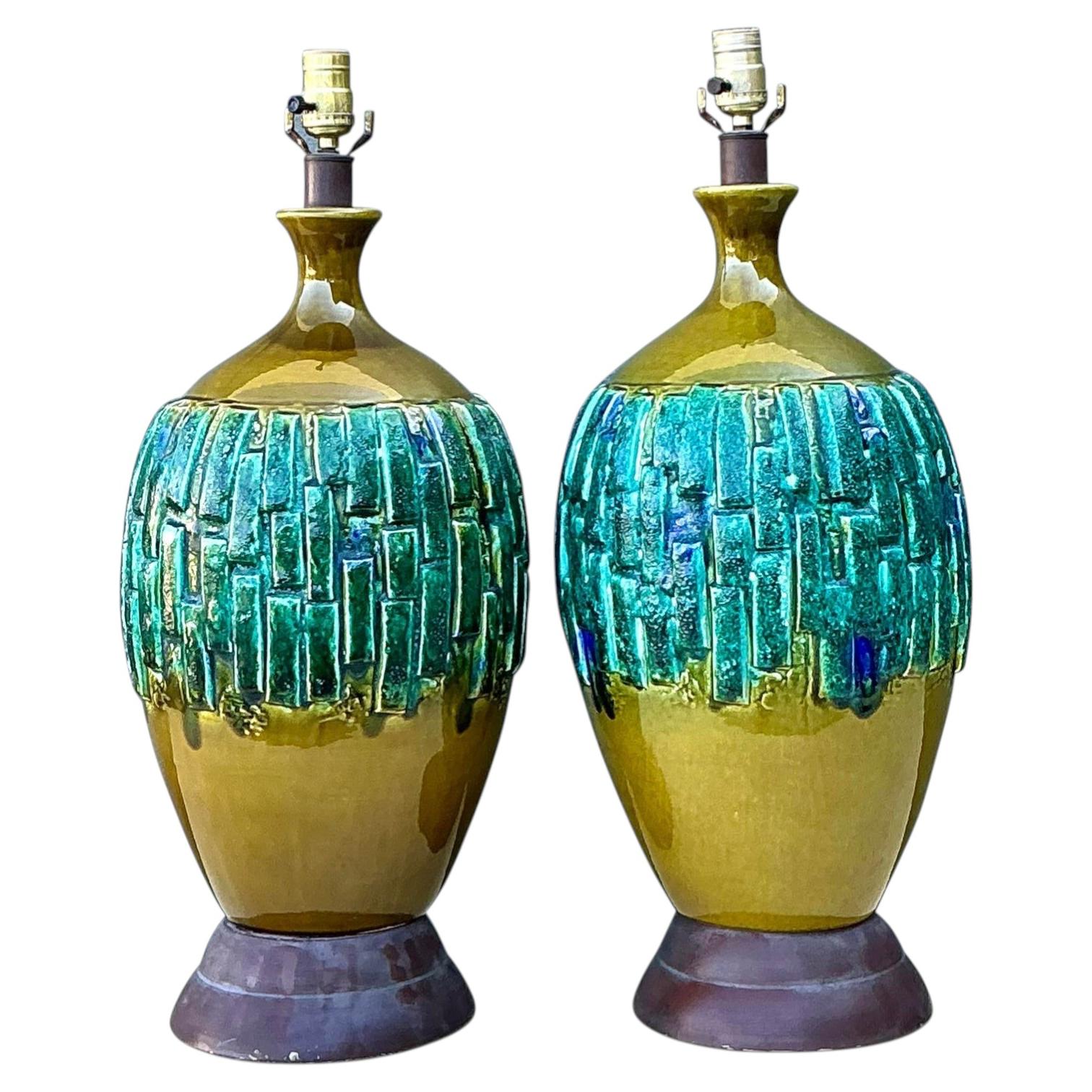 Paire de lampes vintage en céramique émaillée MCM
