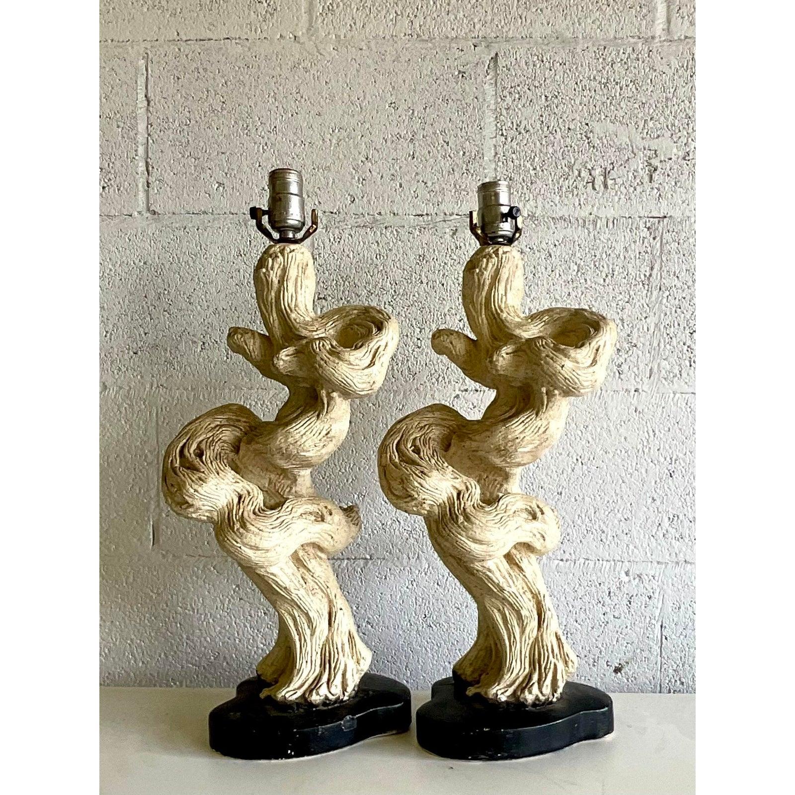 North American Vintage Mid-Century Modern Glazed Plaster Driftwood Lamps - a Pair For Sale