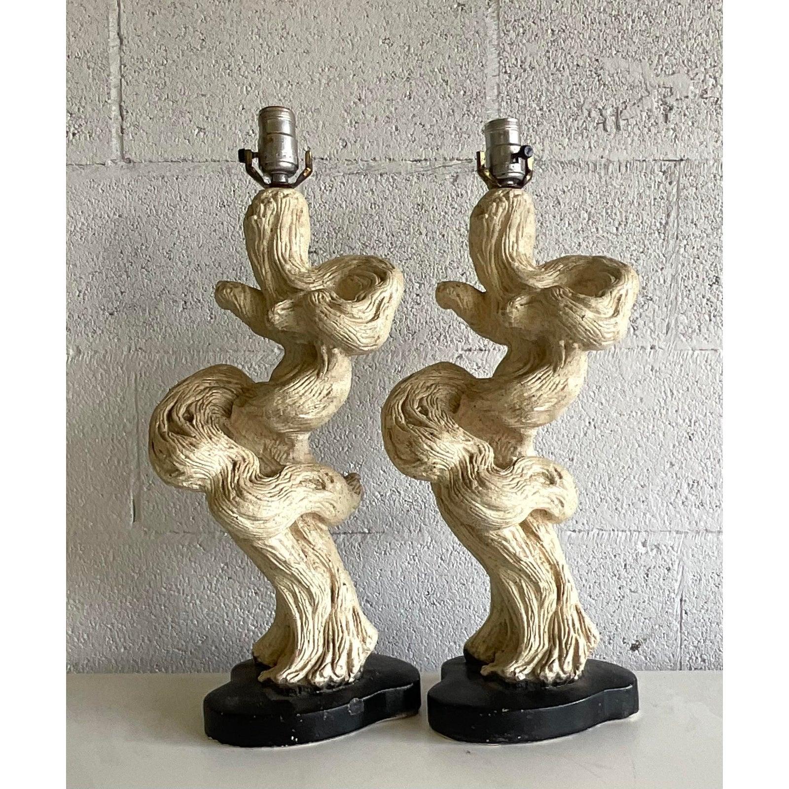 Vintage Mid-Century Modern Glazed Plaster Driftwood Lamps - a Pair In Good Condition For Sale In west palm beach, FL