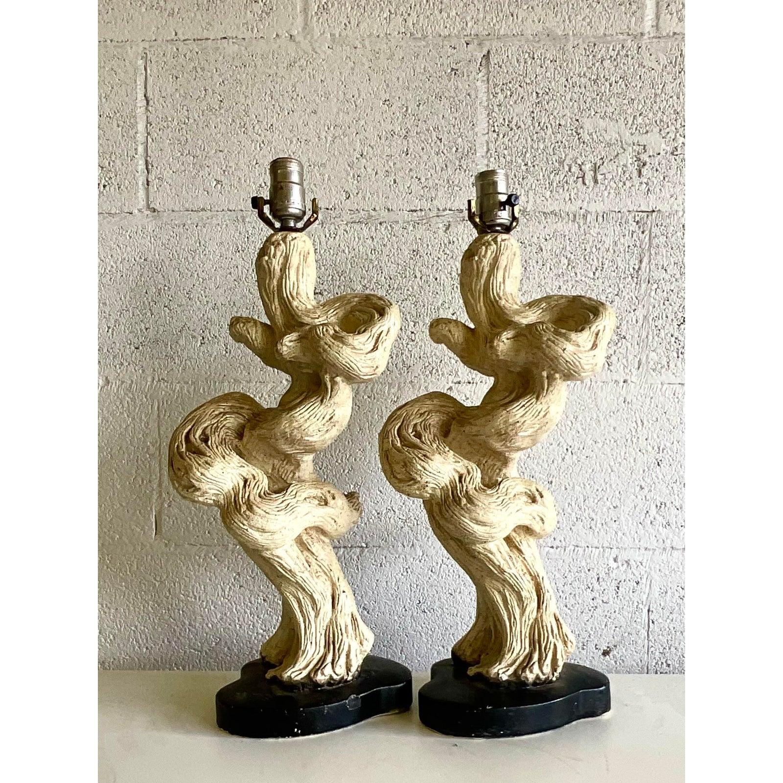 20th Century Vintage Mid-Century Modern Glazed Plaster Driftwood Lamps - a Pair For Sale