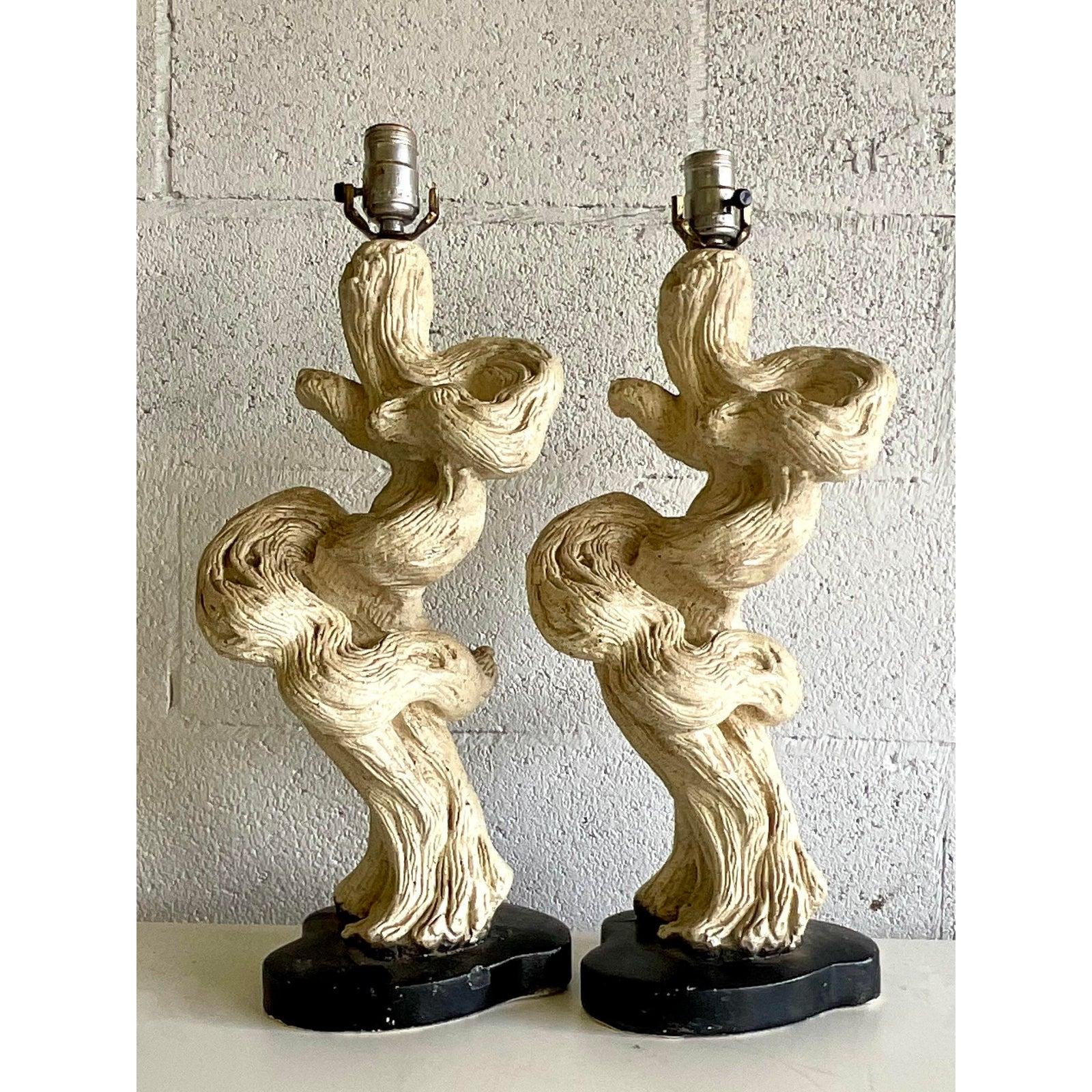 Ceramic Vintage Mid-Century Modern Glazed Plaster Driftwood Lamps - a Pair For Sale