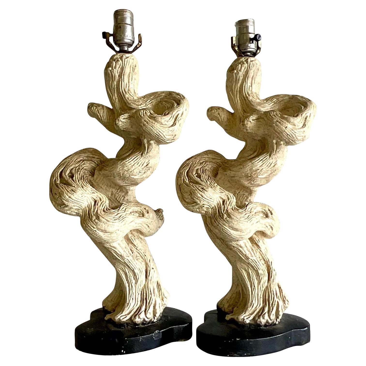 Vintage-Lampen aus glasiertem Gips und Treibholz, Mid-Century Modern, Paar