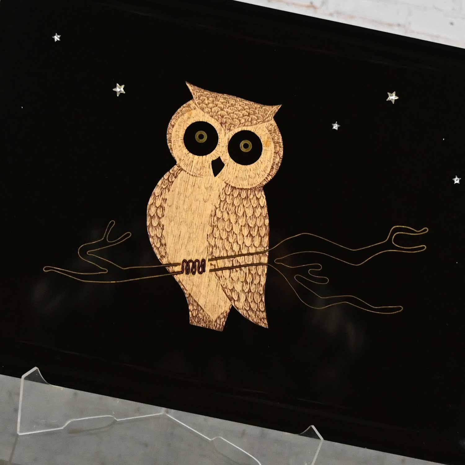 Vintage MCM Gold Embossed Culver Owl Glasses & Couroc Tray with Wood Owl Inlay 2