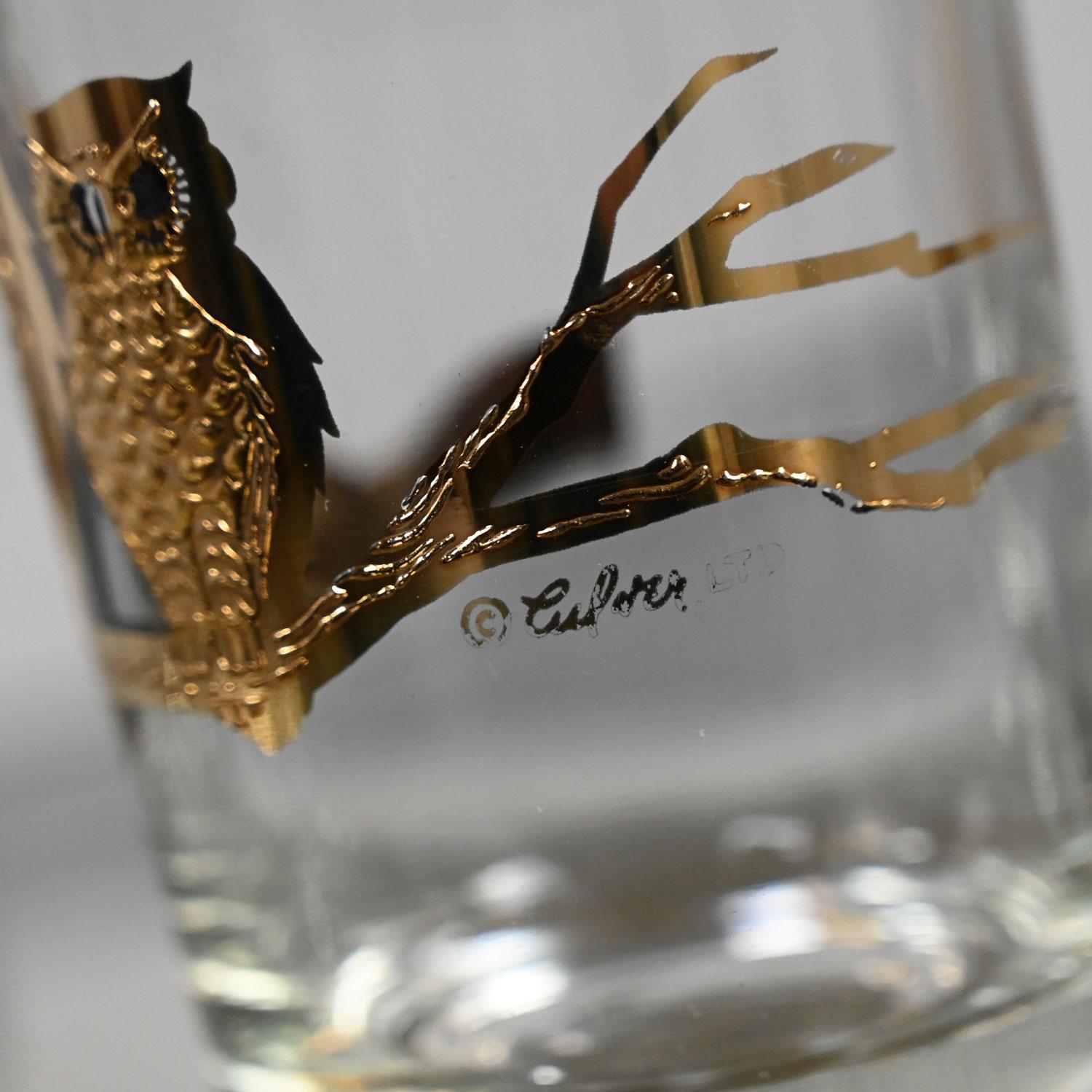 Vintage MCM Gold Embossed Culver Owl Glasses & Couroc Tray with Wood Owl Inlay 3