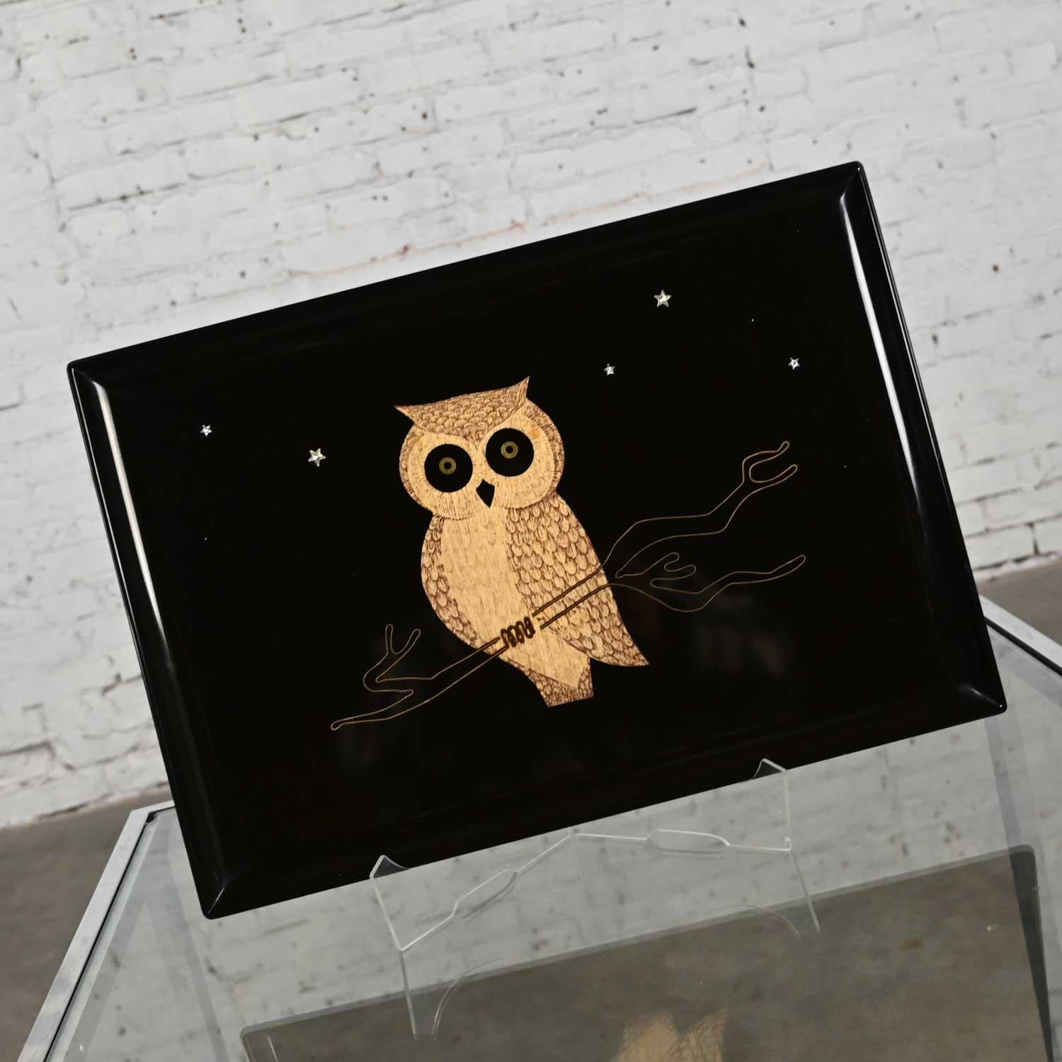 Vintage MCM Gold Embossed Culver Owl Glasses & Couroc Tray with Wood Owl Inlay 5
